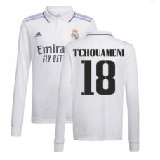 Youth 2022-23 Real Madrid Long Sleeve White Home Tchouameni 18 Authentic Jersey 