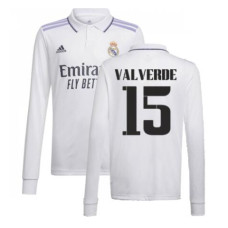 Youth 2022-23 Real Madrid Long Sleeve White Home VALVERDE 15 Authentic Jersey 